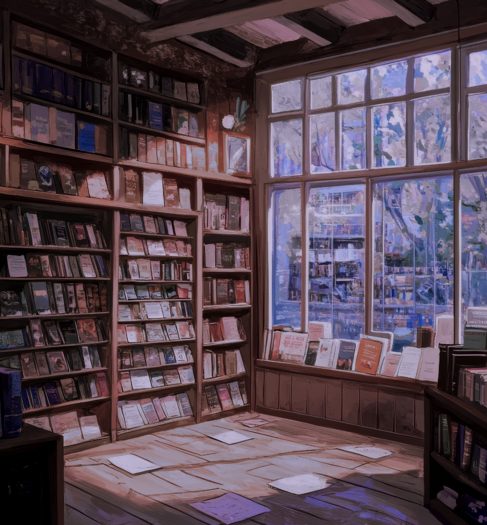 An illustration of a cozy bookstore full of books.