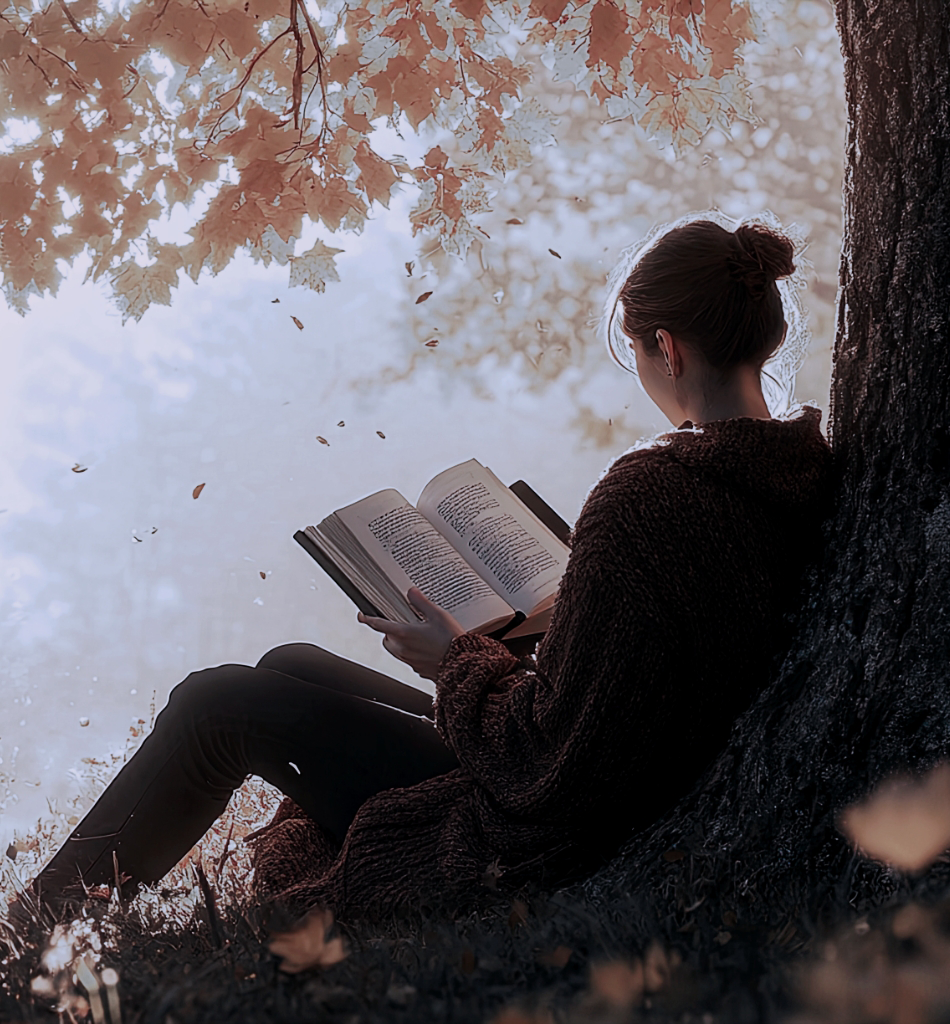A young woman sitting under a tree while reading a book.
